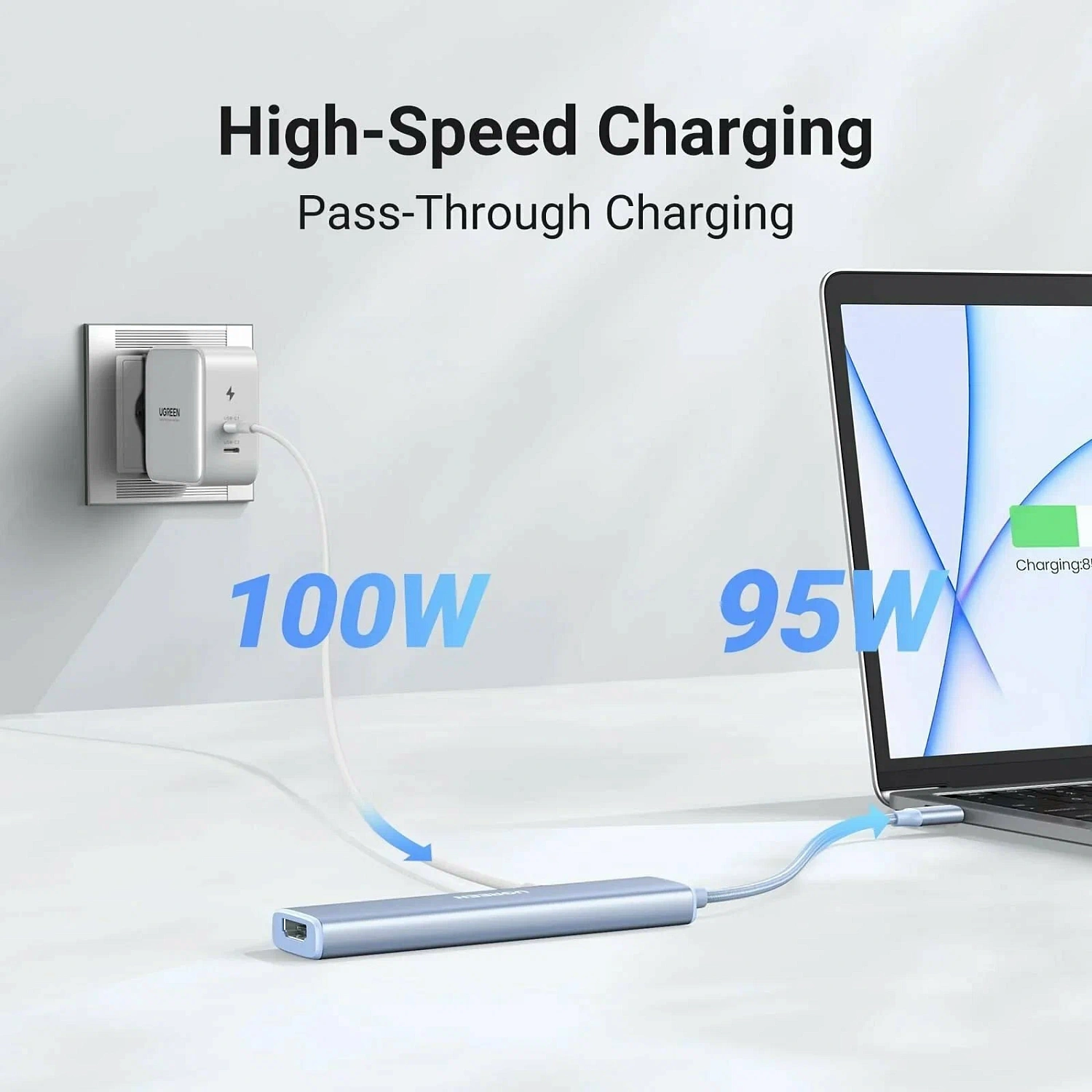 35581 Разветвитель портов Ugreen CM478 USB-C 3*USB 3.0 HDMI 4K@30Hz+PD Power Цвет: синий